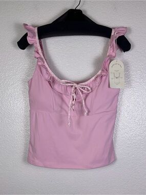 Blogilates Women's Sleeveless Athletic Ruffle Lace-Up Tank Scoop Neck Pink L